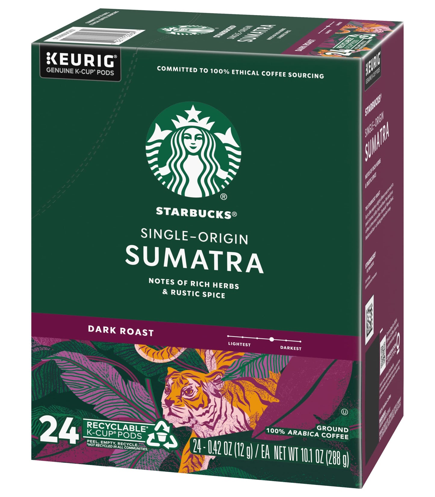 Starbucks Sumatra Single-Origin Coffee K-Cup Pods, Dark Roast Ground Coffee With Earthy & Herbal Flavor, 24 Ct K-Cup Pods Per Bo