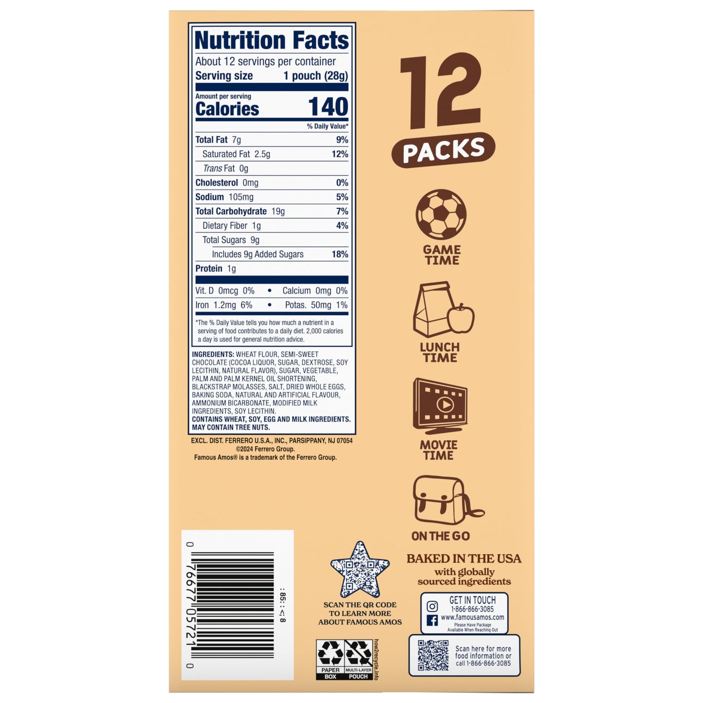 Famous Amos Classic Chocolate Chip Cookies, 1 Ounce Bag (Pack Of 12)