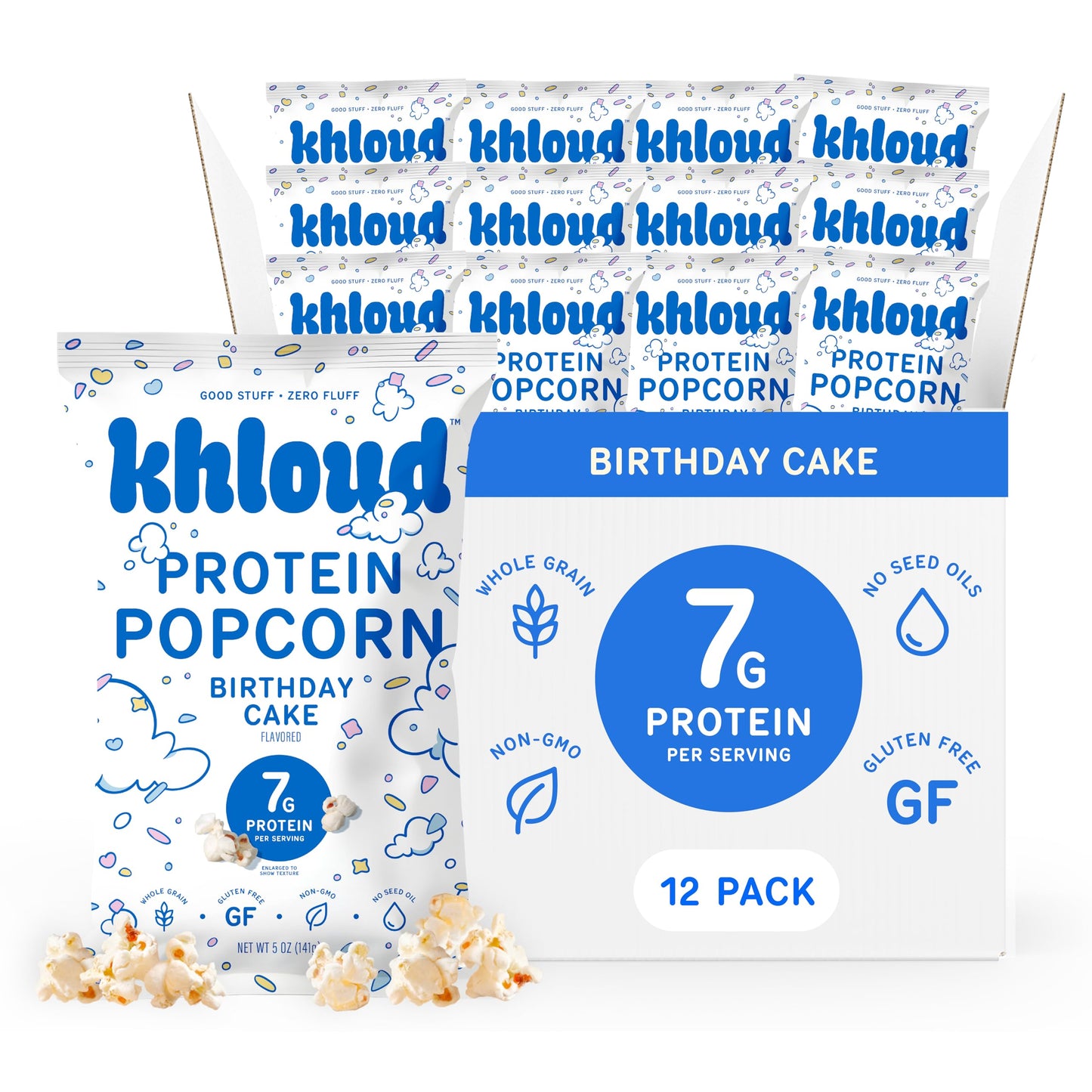 Khloud Protein Popcorn - Sweet Birthday Cake - 7g Protein Snacks for Adults & Kids - Flavored Popcorn Made with Real Ingredients