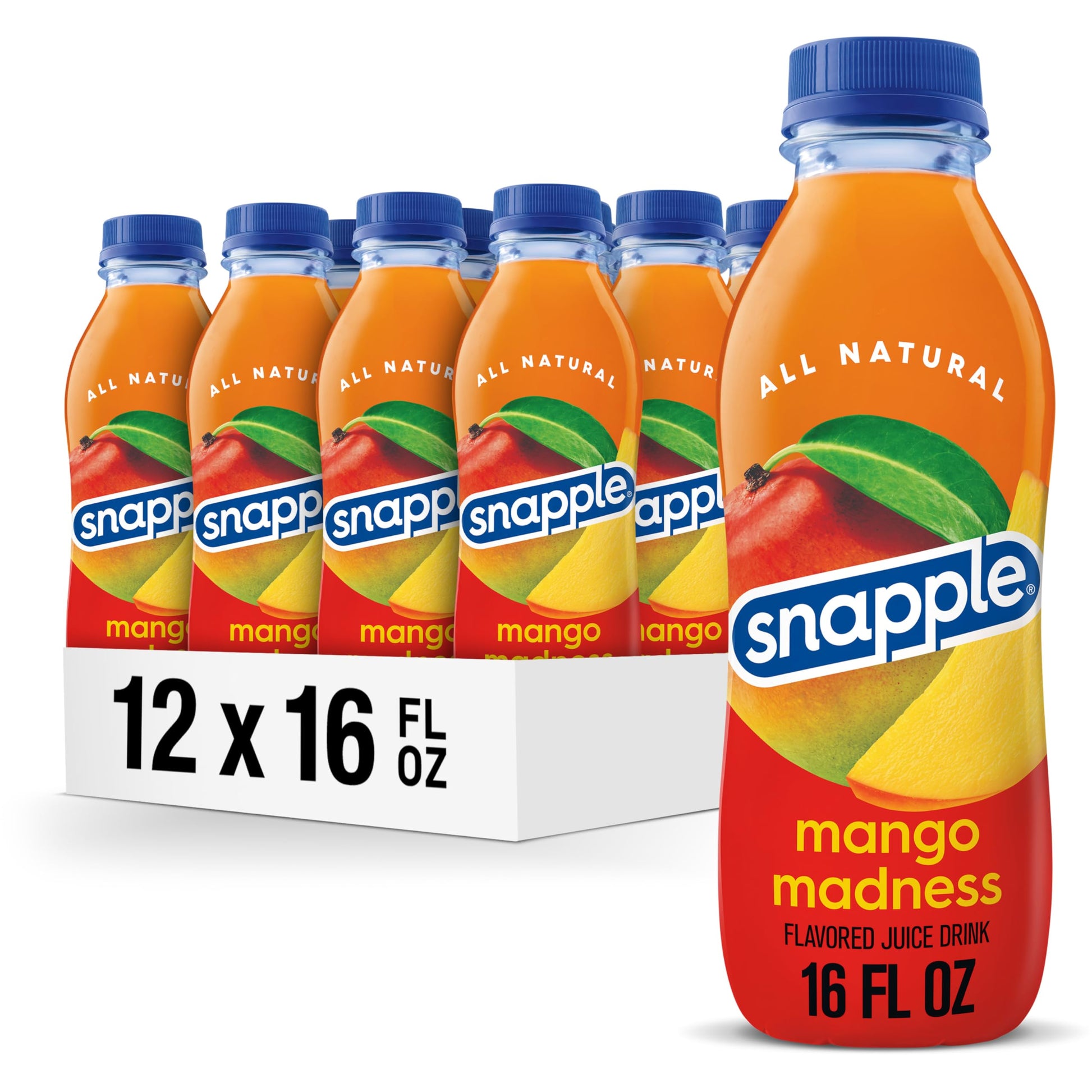 Snapple Mango Madness Flavored Juice Drink, 16 Fl Oz Recycled Plastic Bottle, Pack Of 12