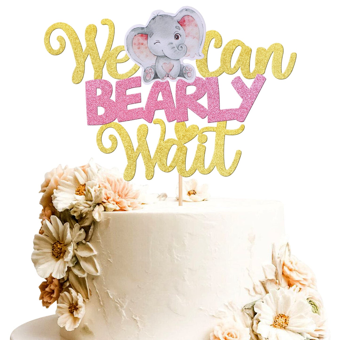 1 Pcs We Can Bearly Wait Cake Topper With Elephant Glitter Baby Shower Cake Pick For New Born Gender Reveal Kids Birthday Party Cake Decorations Supplies Pink
