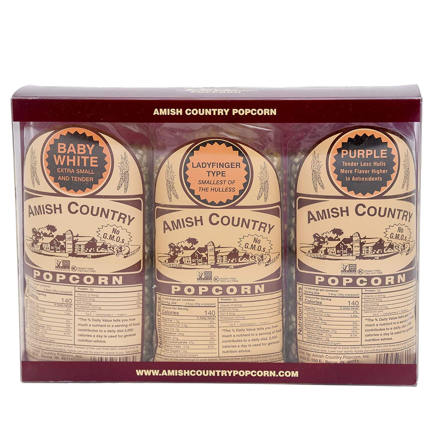 Amish Country Popcorn | Variety Bundles - 3 (1 Lb Bags - Baby White, Ladyfinger, Purple Kernels) | Old Fashioned, Non-GMO and Gl