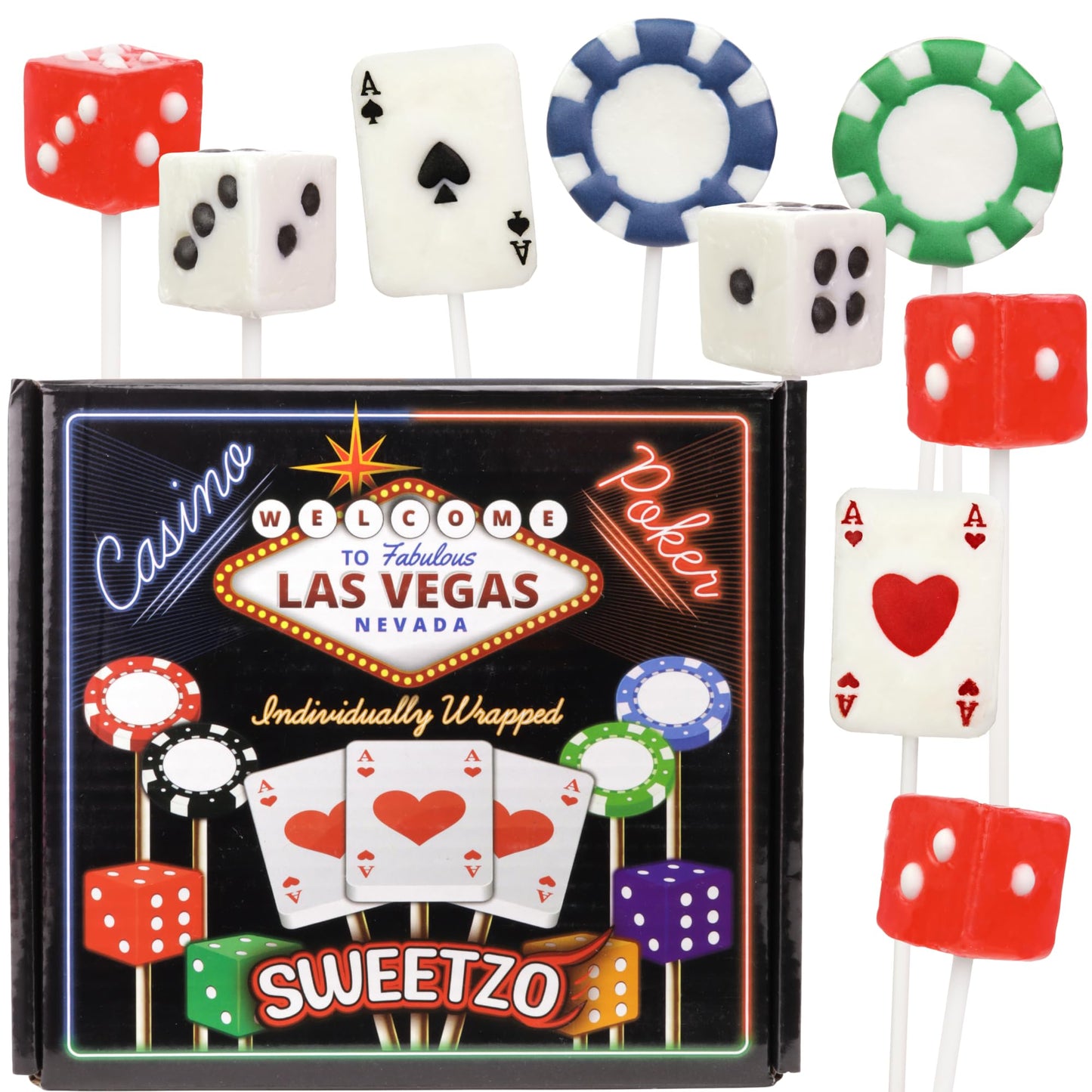 Assorted Gaming Place Themed Lollipops Dice Playing Cards And Card Game Chip Shaped Suckers Unique Party Favor Candy 24 Count