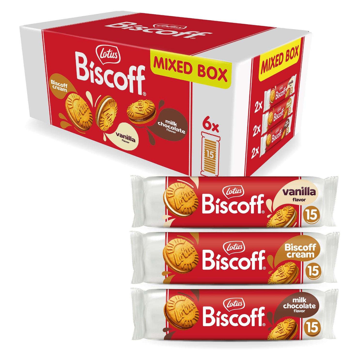 Lotus Biscoff Sandwich Cookies, Variety Pack, Biscoff Cream/Vanilla Cream/Milk Chocolate Cream, 15 Cookies per pack, 5.29 Ounces