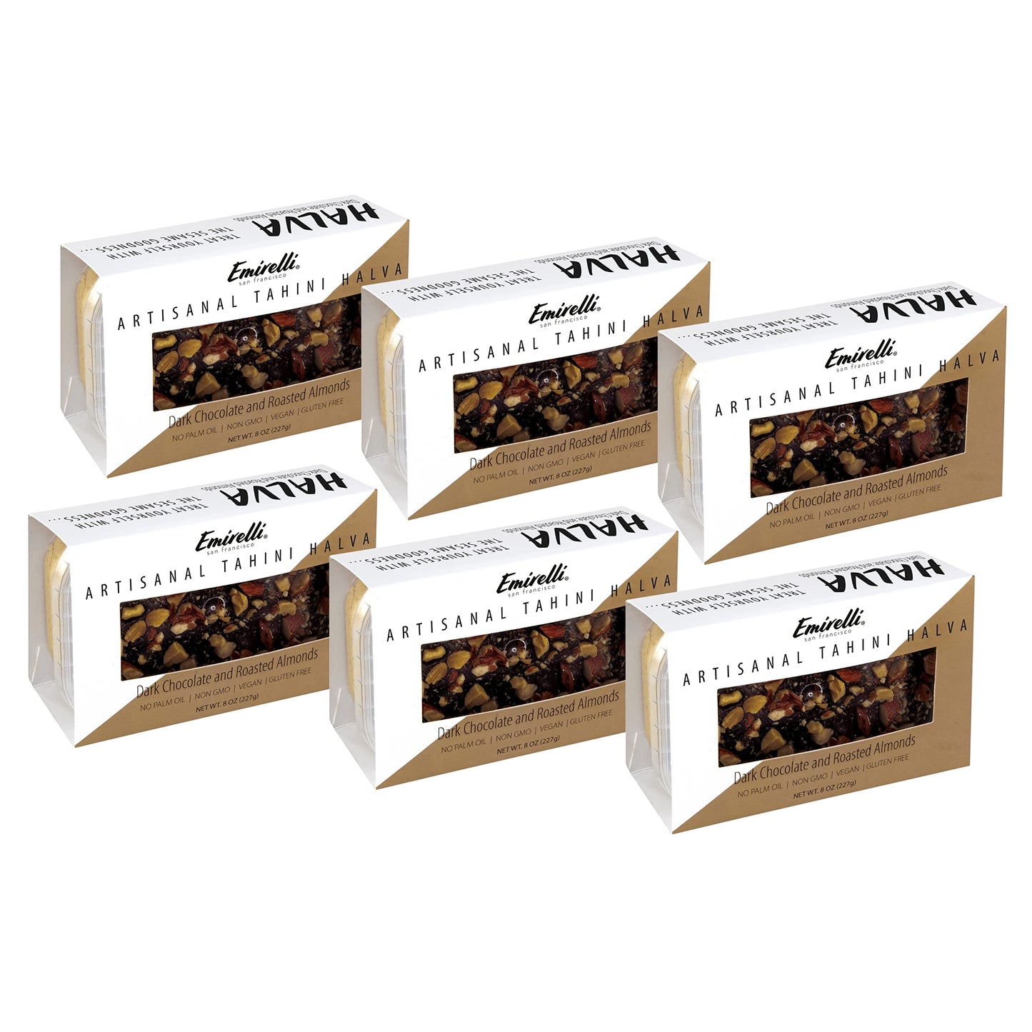 Emirelli Artisanal Halva Dessert - Authentic Middle Eastern Candy Turkish Sweets - Vegan Candy 55%-Tahini Halwa - Halvah Traditional International Sweets - Dark Chocolate Roasted Almonds Flavor - 6