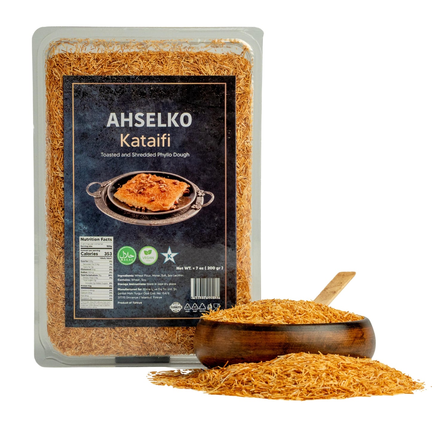 Ahselko Kataifi Shredded Phyllo Dough 200G (7Oz) - Toasted Kadayif Pastry Strands For Kunafa Baklava & Dubai Chocolate Filling - Halal Kosher Vegan