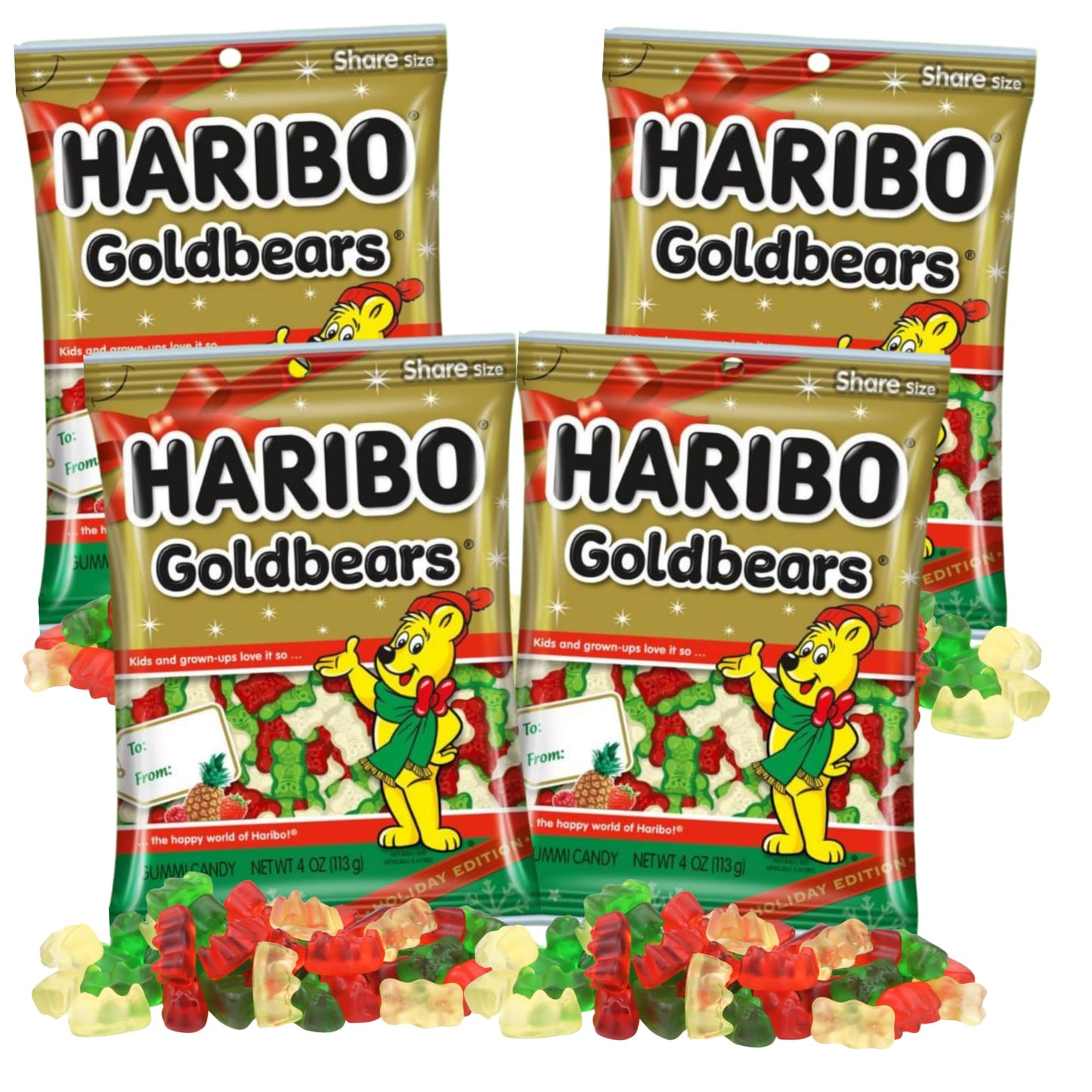 Haribo Christmas Gummy Bears, Fruit Flavored Red White And Green Chewy Candies, Festive Stocking Stuffer Gift, 4 Ounces (Pack Of 4)