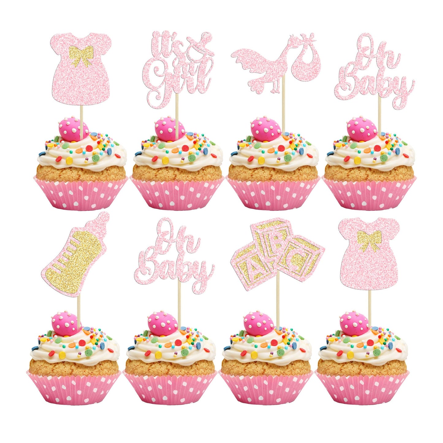 Gyufise 24Pcs Baby Shower Cake Topper Light Pink Baby Girl Themed Cupcake Picks For Gender Reveal Birthday Party Supplies