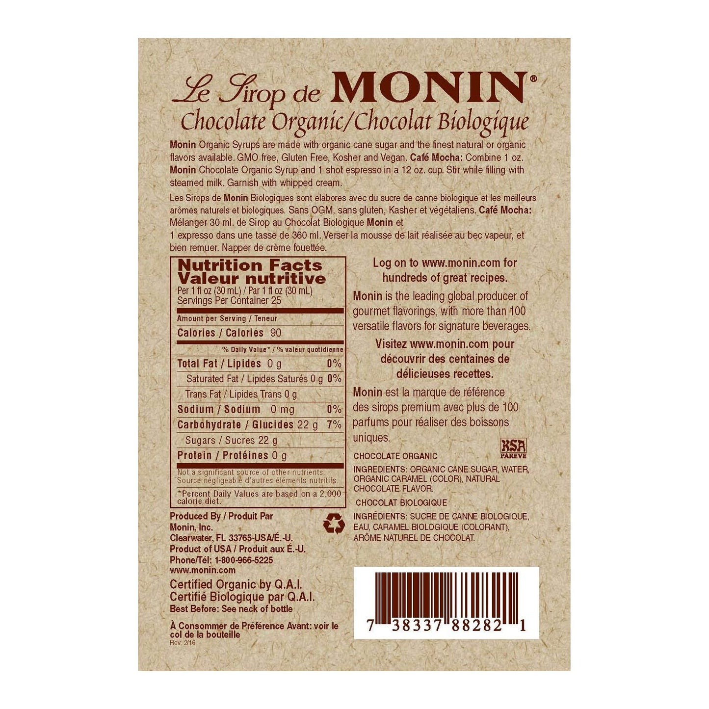 Monin Organic Chocolate Syrup, 750 Ml Bottle