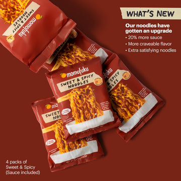 Sweet and Spicy Noodles Ramen Noodles by David Chang, 4 Pack of Restaurant Quality Air-Dried Instant Noodles Now with More Sauce