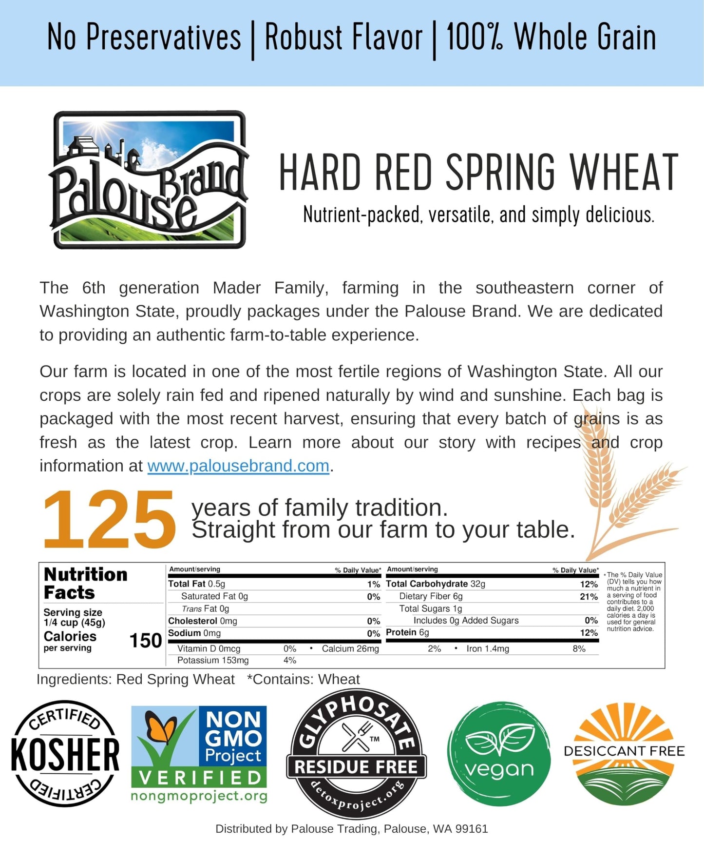 Certified Glyphosate Residue Free Hard Red Spring Wheat Berries | 15 Lbs | Desiccant Free | Family Farmed In Washington State |
