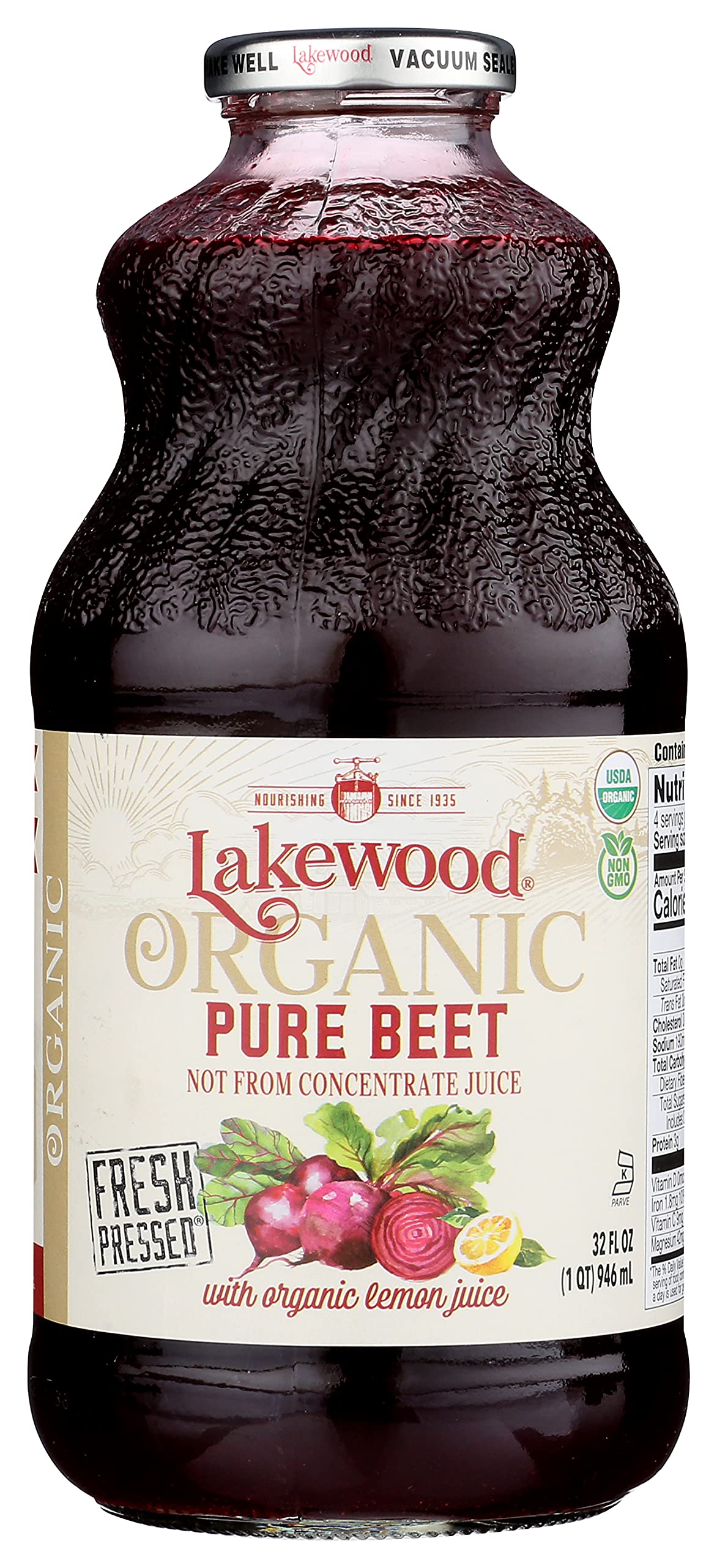 Lakewood Organic Pure Beet, Fresh Pressed, Beetroot, Bottle,Can, 32 Fl Oz, Pack Of 6