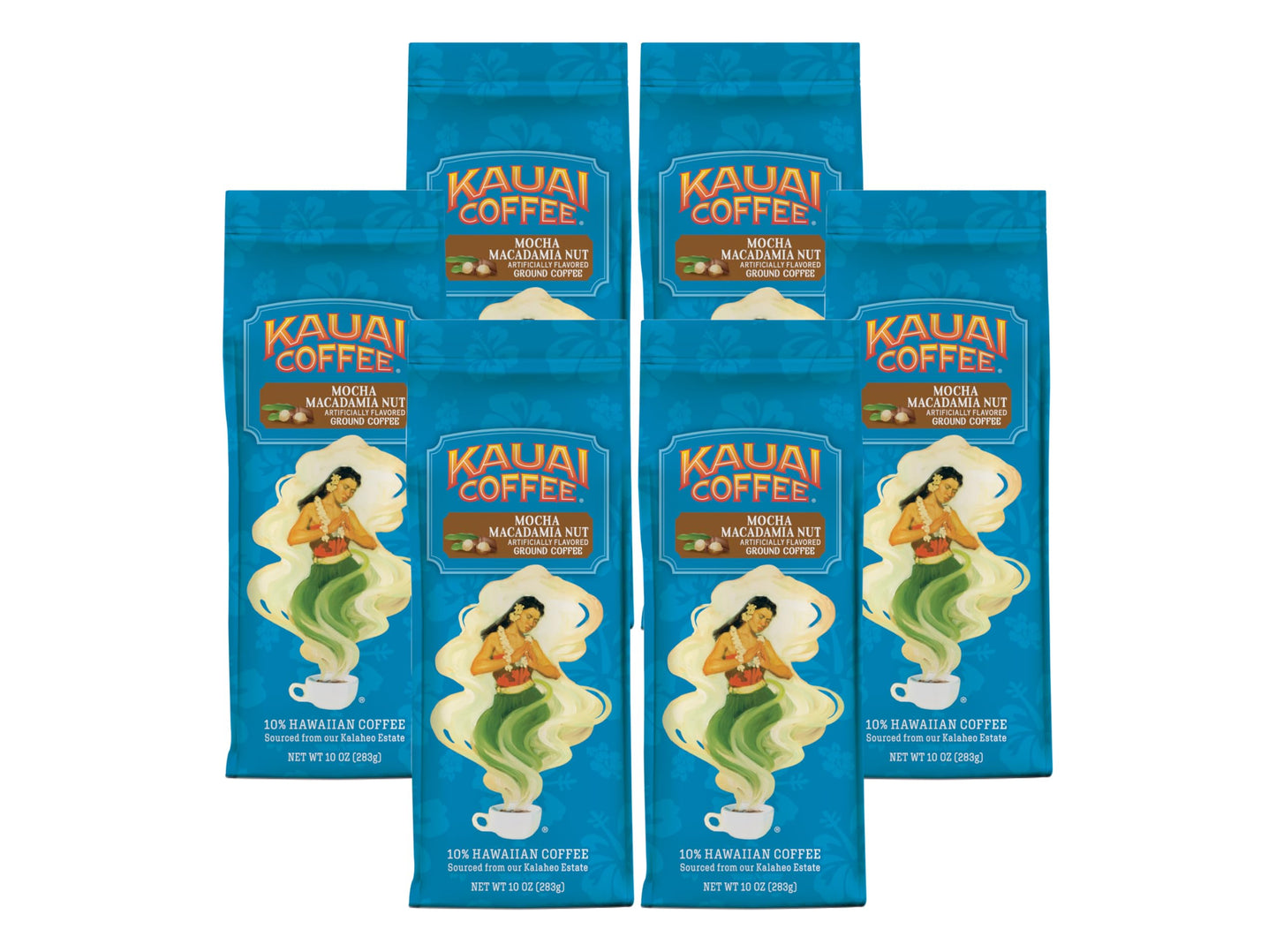 Kauai Coffee Ground Coffee - Smooth Rich Medium Roast - Chocolate Flavor And Nutty Aroma - Arabica Coffee 10% Hawaiian With No Bitterness - Mocha Macadamia Nut 6 Packs Of 10Oz