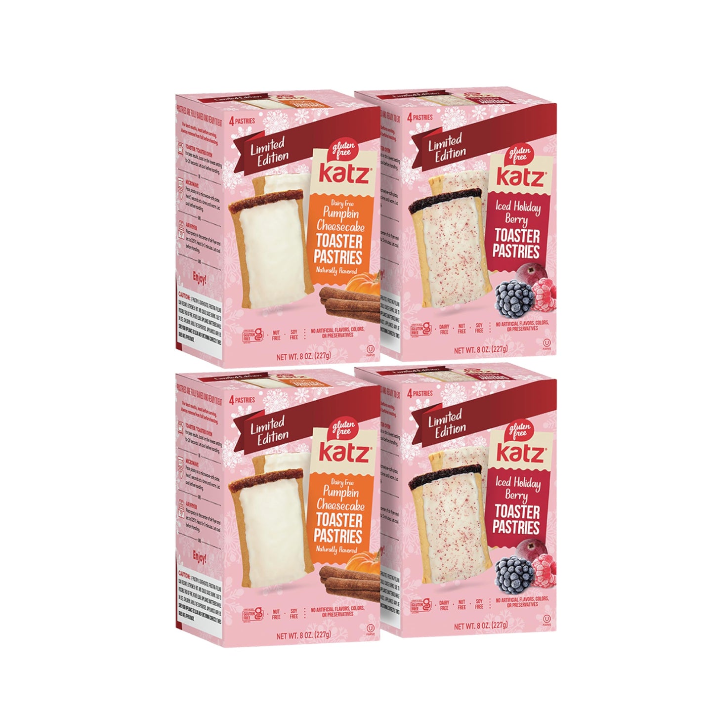 Katz Gluten Free Holiday Toaster Pastries Variety Pack Iced Holiday Berry and Pumpkin Cheesecake. Free of Dairy Peanuts Tree Nuts and Sesame Kosher No Artificial Color. (4Pk)