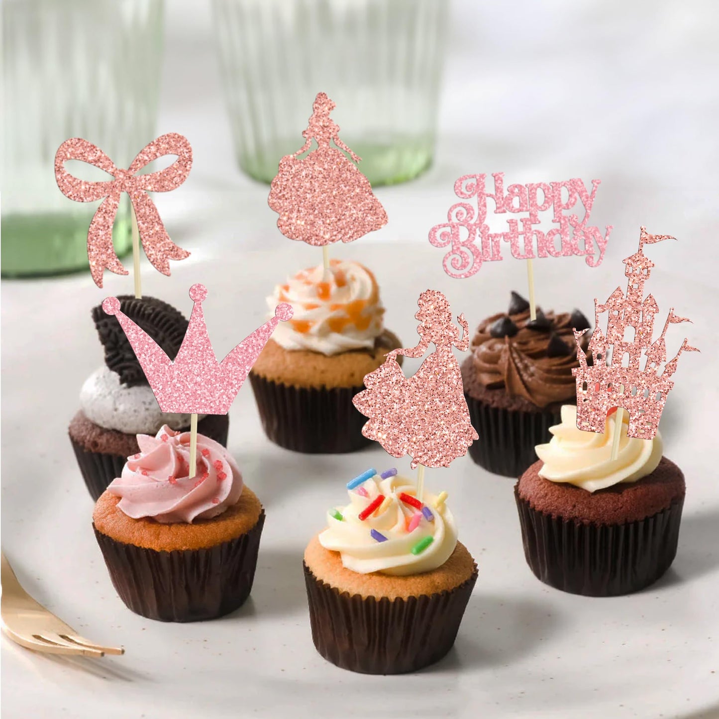 Gyufise Princess Cupcake Toppers, 24Pcs Glitter Castle & Bowknot Decorations, Rose Gold, 2.4x3.9 inches, for Birthday & Baby Shower Parties