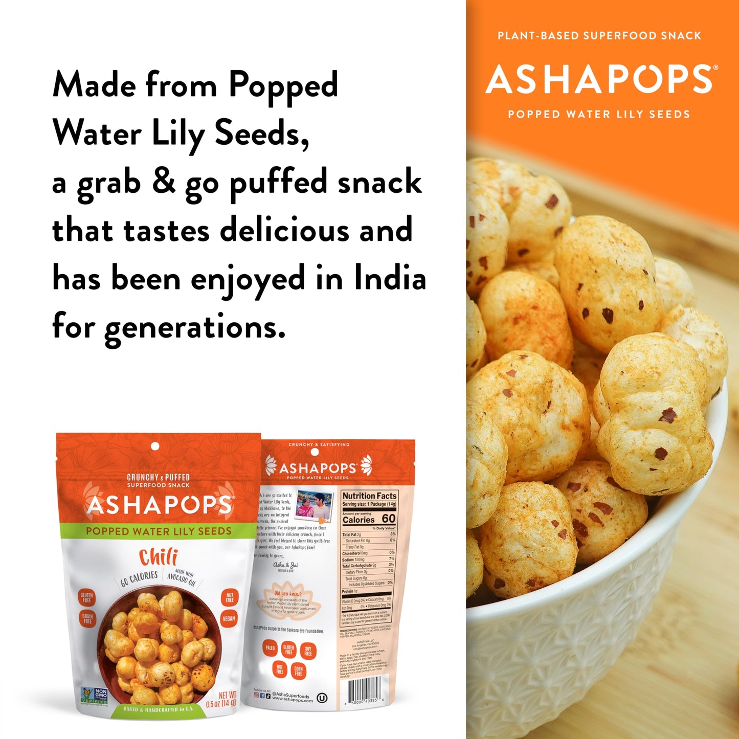 AshaPops Chili Flavored Popped Water Lily Seeds, 0.5 oz (Pack of 12) - Gluten-Free, Vegan, Paleo, Nut-Free, Corn-Free, Soy-Free,