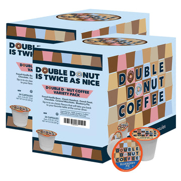 Double Donut Coffee Variety Pack Assorted Medium Roast, Dark Roast & Flavored Coffee In Recyclable Single Serve Cup, 48 Count