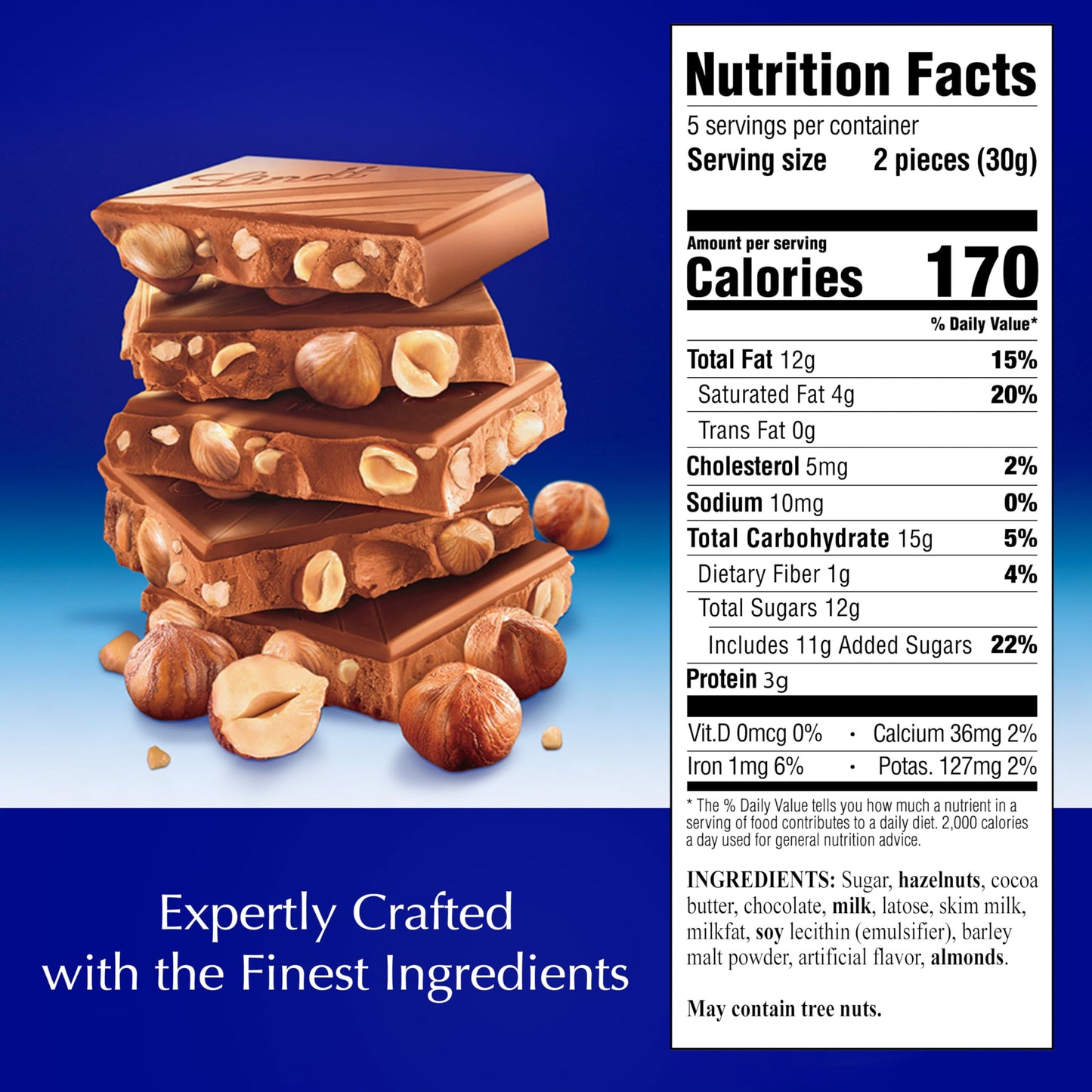 Lindt Whole Hazelnut Milk Chocolate Bar, Easter Chocolate Candy, 5.3 oz, 12 Pack
