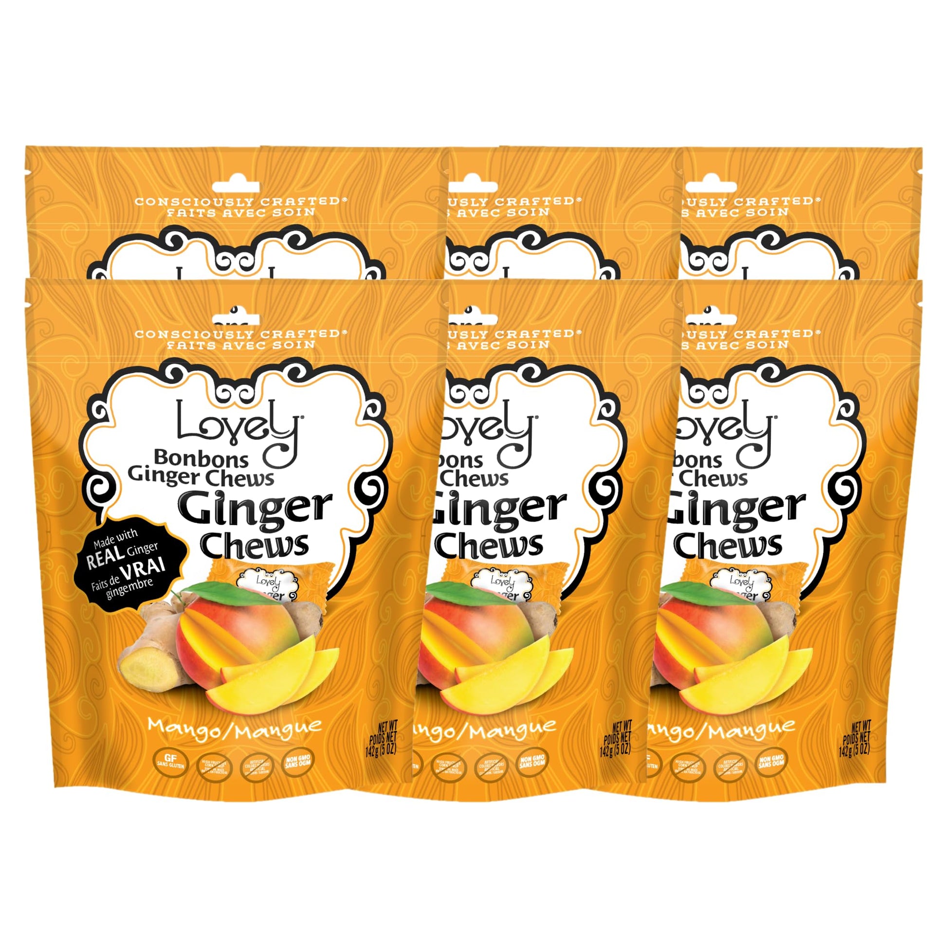 Lovely Candy Co. Mango Ginger Chews, Made with Real Ginger, Individually Wrapped, 5oz (6-Pack) | Gluten-Free, Non-GMO, NO Artifi