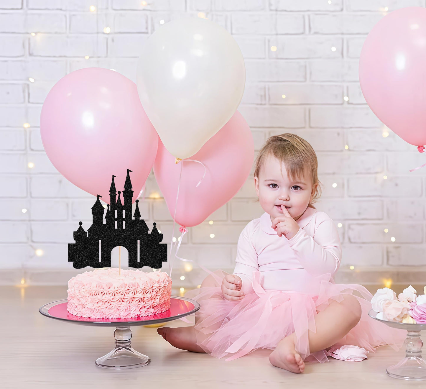 EONNCNT Castle Cake Topper - Black Glitter Cardboard Decoration for Birthday, Baby Shower, Photo Booth Props