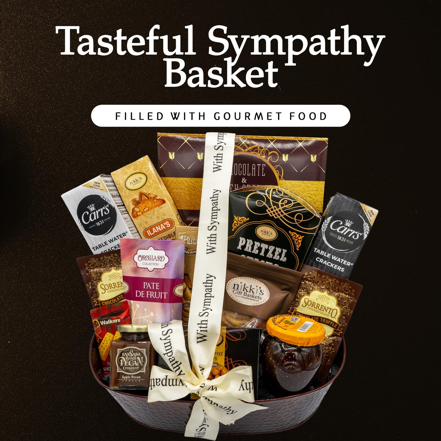 With Sincere Sympathy Condolence Gift Basket For Loss Of A Loved One, Gourmet & Elegantly Arranged Funeral Basket, Dark Copper B