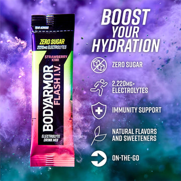 BODYprotective covering Flash IV Electrolyte Packets, Strawberry Kiwi Drink Mix, Zero Sugar, 15 Servings, Red