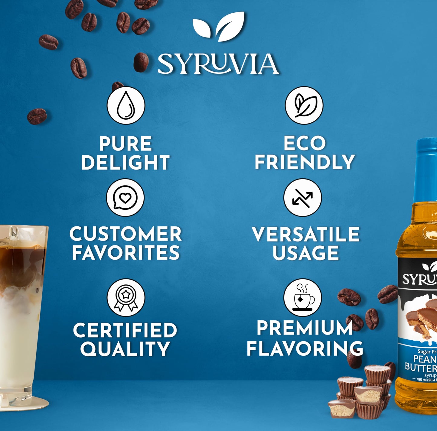 Syruvia Sugar Free Peanut Butter Cup Syrup With Syrup Pump Dispenser - Peanut Butter Cup Coffee Syrup Flavor, 25.4 Fl Oz, Kosher