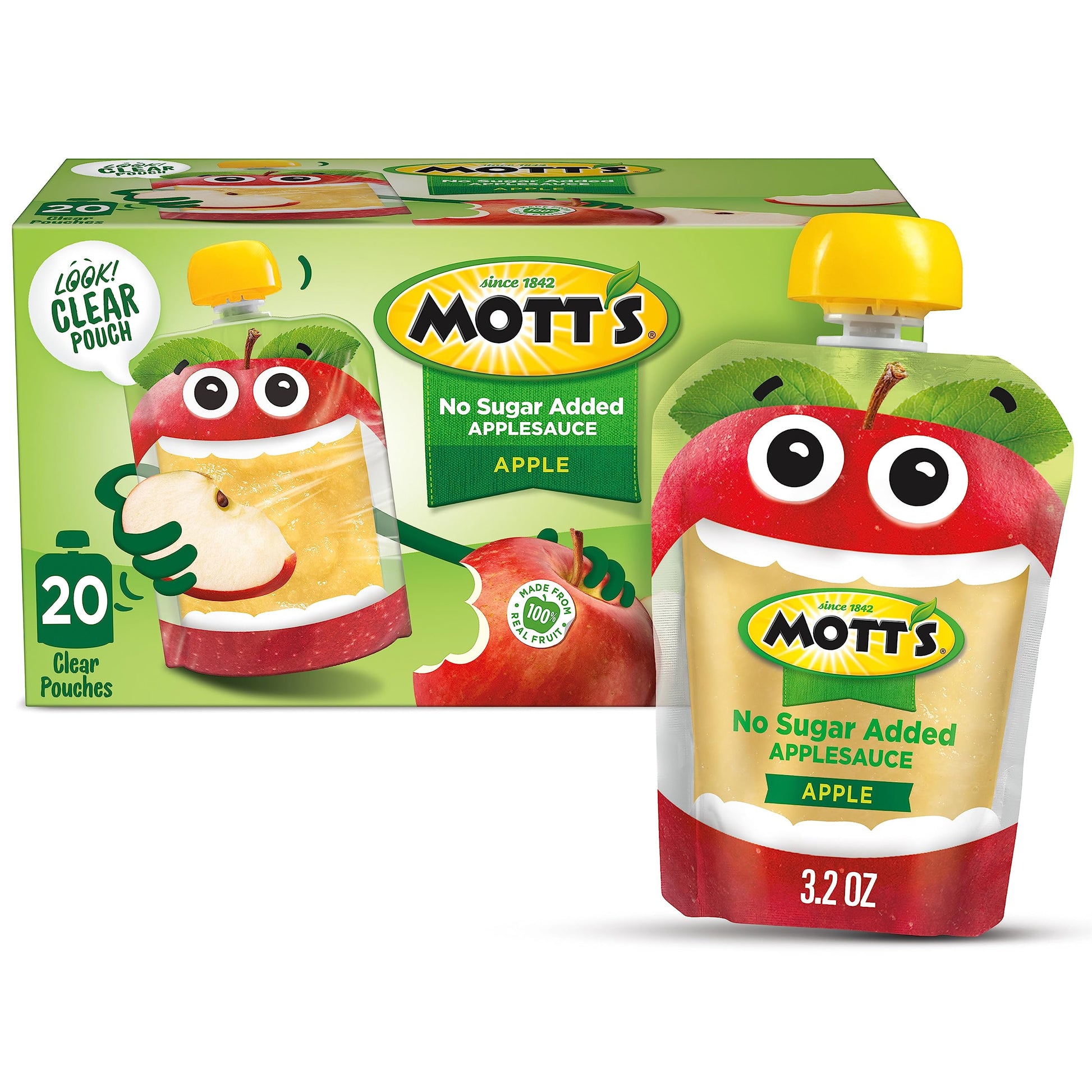 Motts No Sugar Added Applesauce, 3.2 oz clear pouches, 20 pack