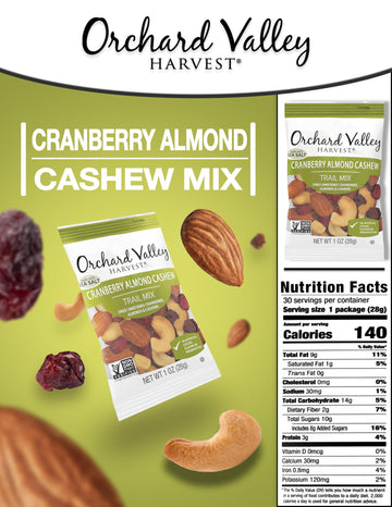 Orchard Valley Harvest Cranberry Almond Cashew Trail Mix, 1 Oz (Pack Of 30), Cranberries, Almonds, And Cashews, Non-Gmo, No Arti