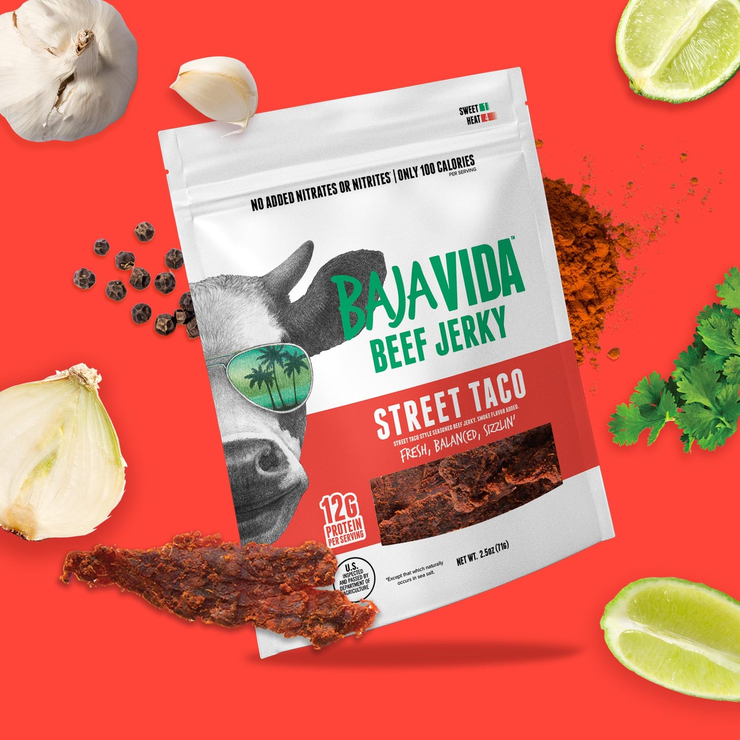 BAJA BEEF Baja Vida Street Taco Beef Jerky, Sweet and Spicy, Gluten-Free, All-Natural, 2.5 Oz Bags (Pack of 4)