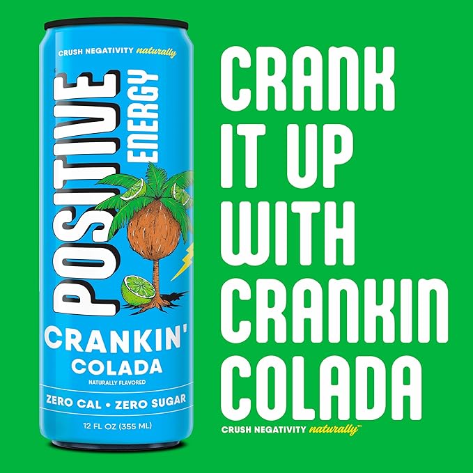 POSITIVE ENERGY Positive Energy Drink - Crankin' Colada, Zero Sugar & Calories, 12oz Cans (Pack of 12), Hydrating Electrolytes, Immunity Support