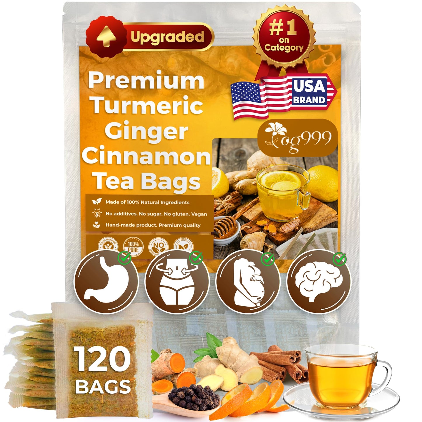 Tog999 120 Bags Top-Grade Turmeric Flavor Blendger Cinnamon Tea. Upgraded Version. Improve Digestion Support Brain Weight Skin And Sleep. Eco-Conscious Tea Bags. No Sugar No Energy Blend No Gluten Vegan.
