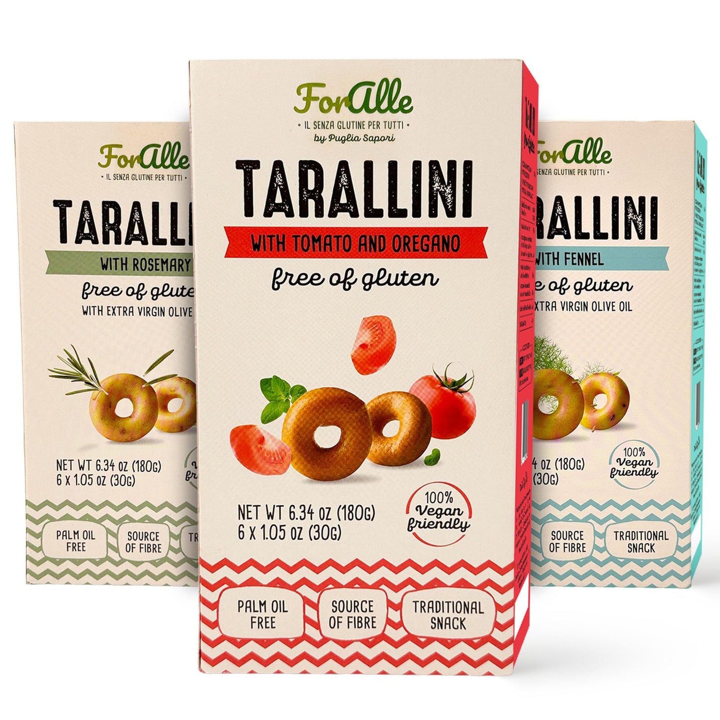 For Alle Gluten-Free Tarallini Bundle, Set of 3 - Traditional Italian Pugliese Snack with Fennel, Rosemary, Tomato and Oregano.