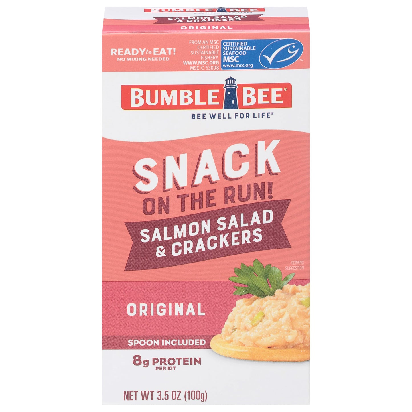 Bumble Bee Snack On The Run Salmon Salad with Crackers Kit - Ready to Eat Protein Snack Pack - 8g Protein per Box - Wild Caught