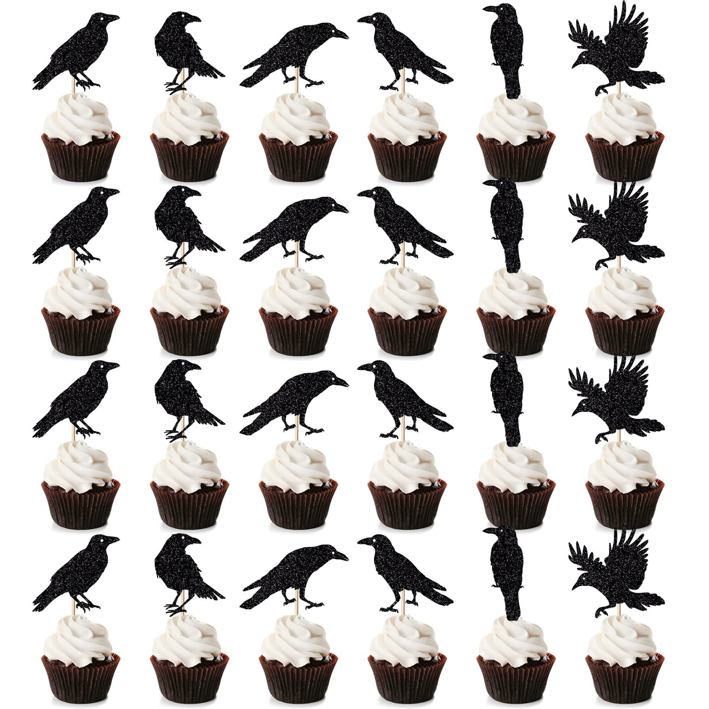 Leetaivie 24Pcs Black Glitter Crow Dessert Cupcake Toppers - Featured Halloween Themed Party Cake Topper (Black)