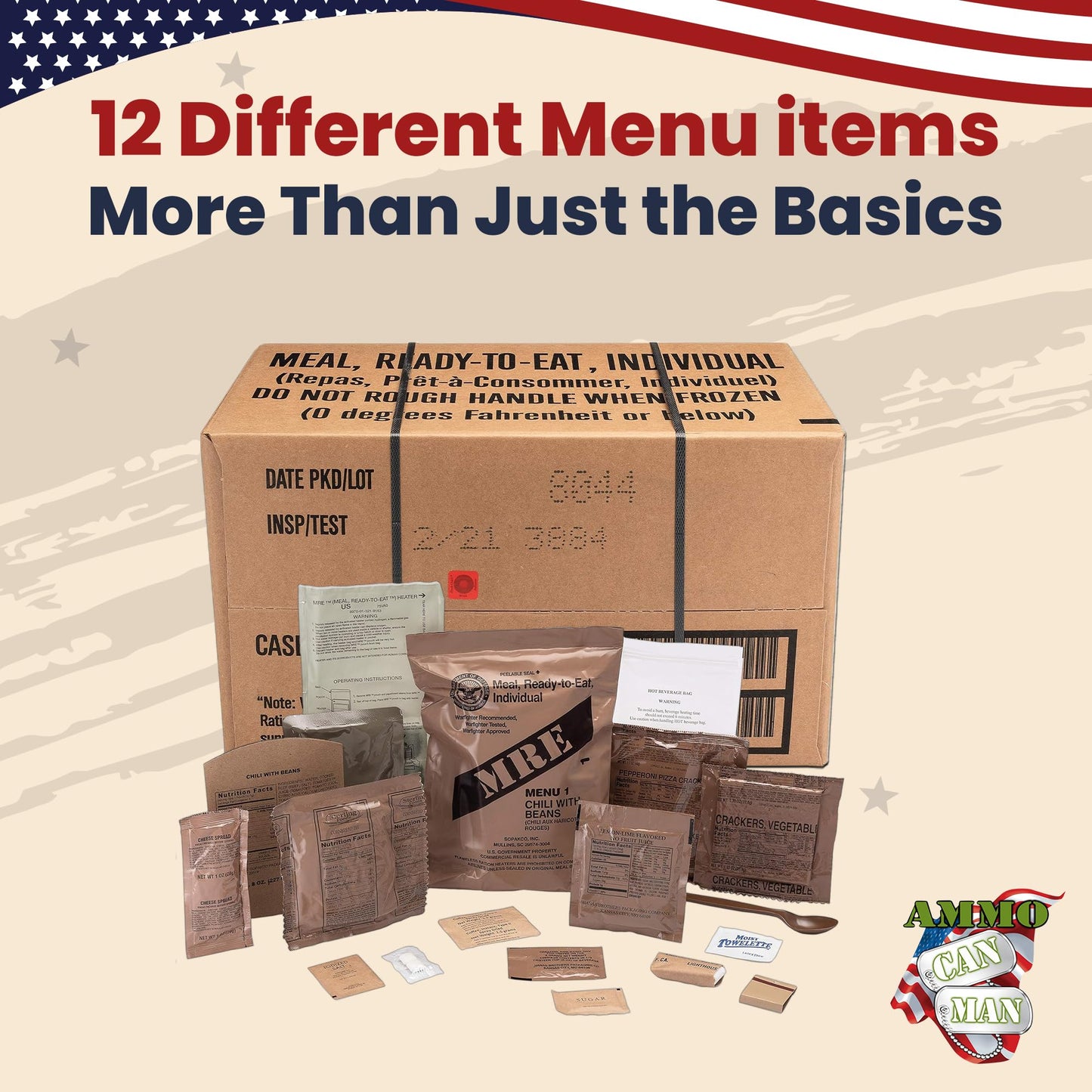 Sopakco 12Ct Us Military Surplus Mre Meals Ready To Eat 2026 Inspect A Case Menus 1-12