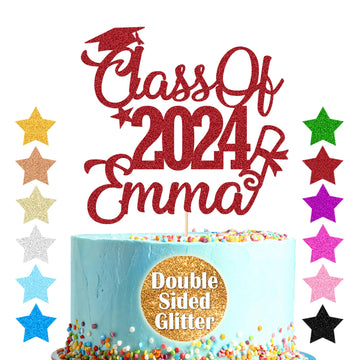 Personalized Cake Topper Custom Congrats Graduation Hat Student Class Of 2024 Double Sided Glitter Card Red
