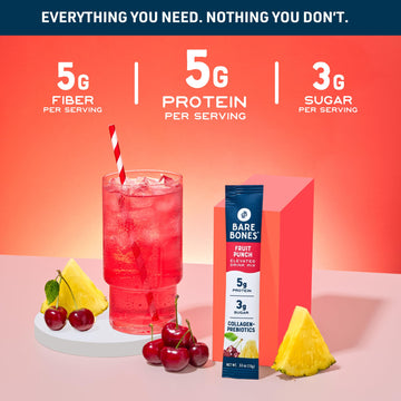 Bare Bones Fruit Punch Elevated Drink Mix | Collagen & Prebiotics | Gluten-Free & Naturally Sweetened | On-The-Go Stick Single-S