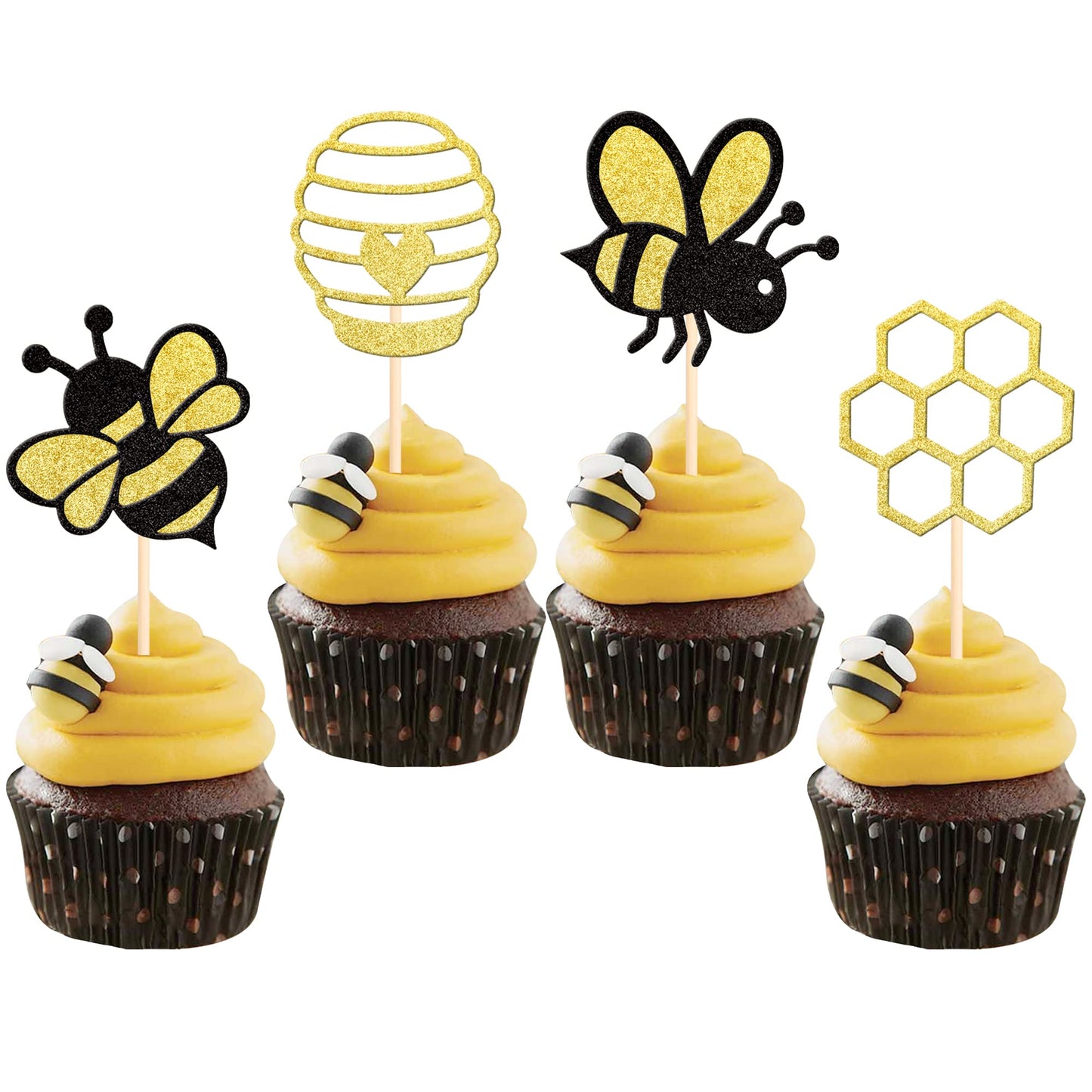36 Pcs Bumble Bee Cupcake Toppers Glitter Heart Honeycomb Bee Cupcake Picks Baby Shower Cake Decorations For Bee Theme Baby Shower Kids Birthday Party Supplies