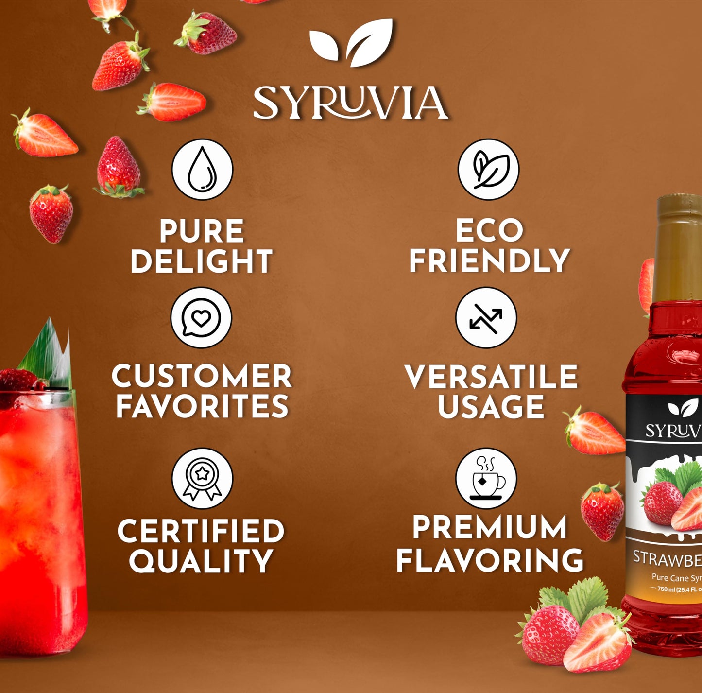 Syruvia Strawberry Syrup - Strawberry Syrup Flavor, 25.4 Fl Oz - Perfect For Cocktails, Ice Tea, Desserts, Italian Sodas, Ice An