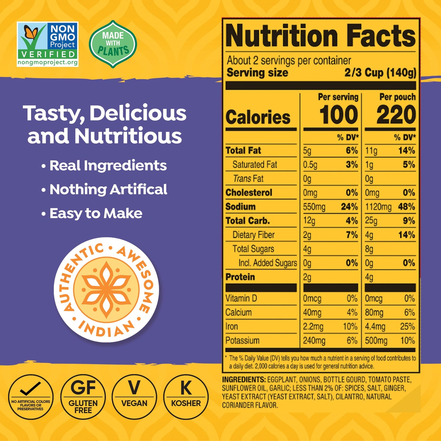 Tasty Bite Punjab Eggplant, 10 Ounce Pack of 6, Vegan Microwavable Entree, Sweet & Spicy, Ready to Eat