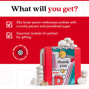 Davids Cookies Ideal Thank You Gift for Everyone - Butter Pecan Meltaways Cookies with Crunchy Pecans and Powdered Sugar - enhanced Fresh Ingredients - Comes with a Lovely Tin Box - 2 Lbs