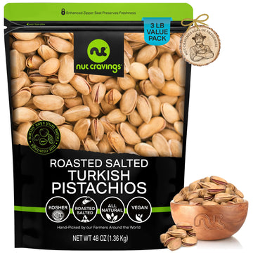 NUT CRAVINGS - Roasted & Lightly Salted Turkish Pistachios Antep (48oz - 3 LB) Packed Fresh in Resealable Bag - Nut Snack - Heal