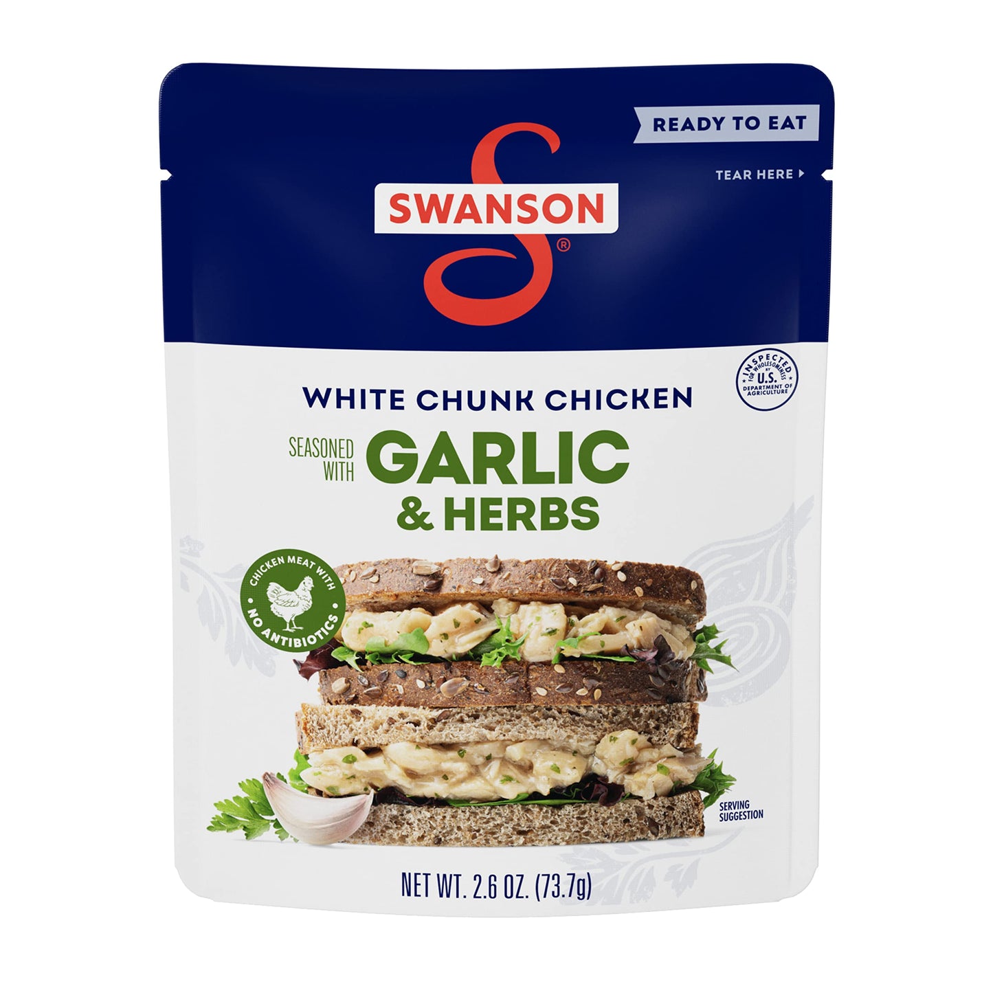 Swanson Garlic And Herbs White Chunk Fully Cooked Chicken, Ready To Eat, Simple On-The-Go Meals, 2.6 Oz Pouch