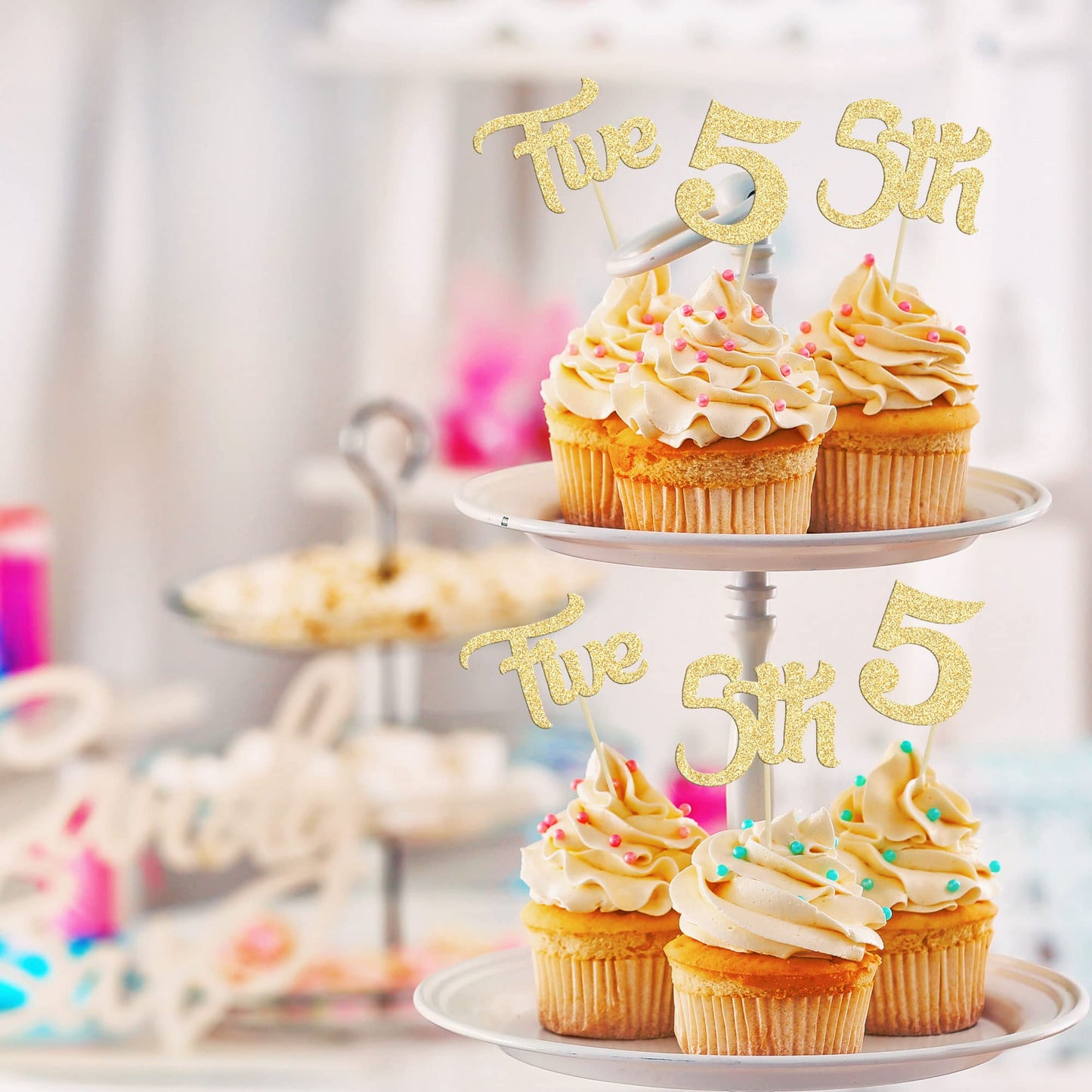 24Pcs 5th Birthday Cupcake Toppers Glitter Fifth Birthday Five Cupcake Picks for Baby Shower 5th Birthday Anniversary Party Cake