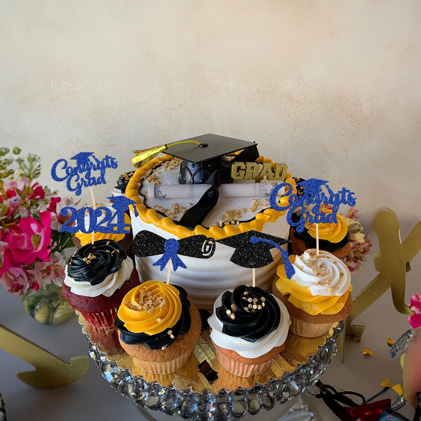 Gyufise 24Pcs 2024 Graduation Cupcake Toppers Blue Glitter Congrats Grad 2024 Diploma Cap Cupcake Picks Class Of 2024 Cake Decor