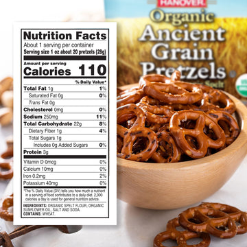 Hanover Organic Ancient Grain Spelt Pretzels, Low Fat, Kosher, Non-GMO, Sea Salt, Mini Packs, 1 Ounce, 24 Count