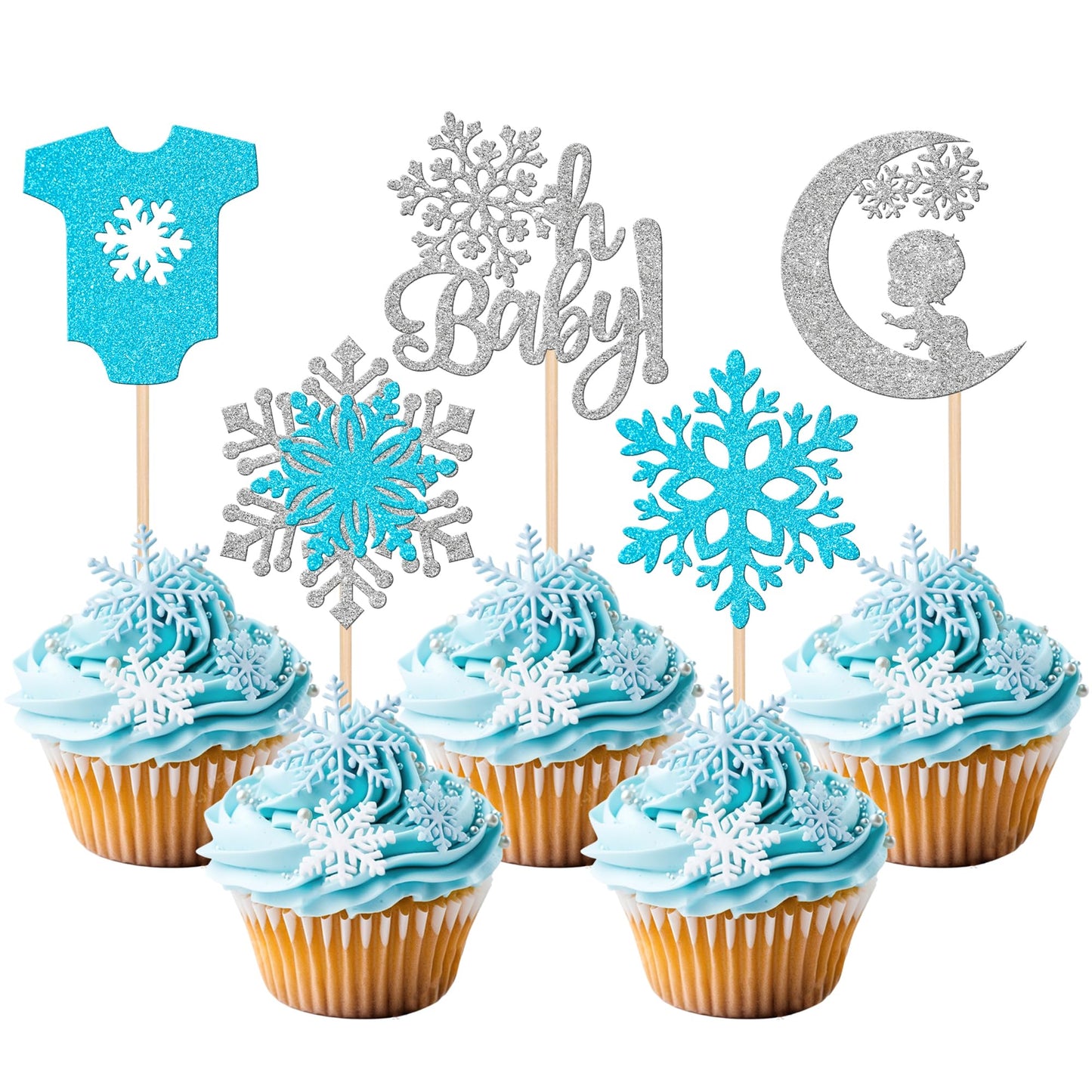 30 Pcs Snowflake Oh Baby Cupcake Toppers Glitter Winter Sweater Moon Snowflake Cupcake Picks Baby Shower ItS A Boy Cake Decorations For Baby Shower Kids Birthday Christmas Party Supplies