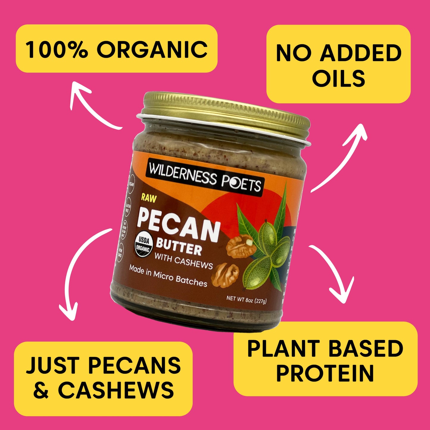 Wilderness Poets, Pecan Butter - Organic, Raw, Bulk Size (64 Ounce - 4 Pound) - Half Gallon Glass Jar