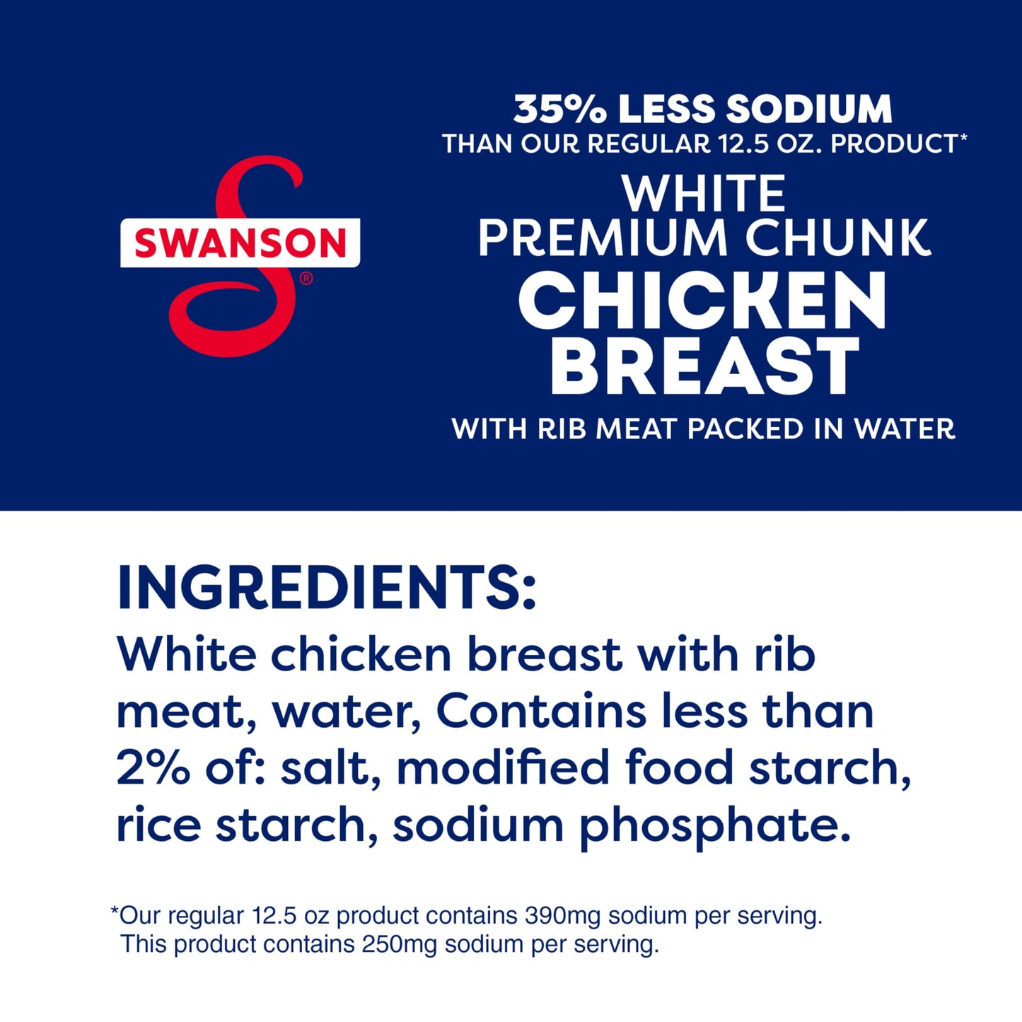 Swanson 35% Less Sodium White Premium Chunk Canned Chicken Breast In Water, Fully Cooked Chicken, 12.5 Oz Can